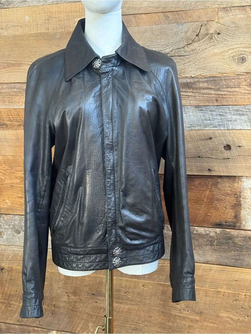 Casa Veneta Vintage Black Leather Bomber Jacket Made In Italy Size 48 Medium